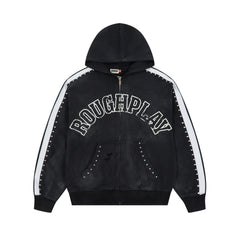 Roughplay Rivet‑Studded Side‑Stripe Oversized Zip‑Up Hoodie