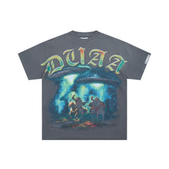 DUAA Grey Vintage Western Cowboy & UFO Rhinestone Oversized T‑Shirt