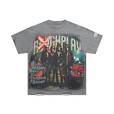 Roughplay Skeleton Band Rhinestone Letter Cut‑Hem Oversized Tee