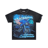DUAA Malibu Motorcycle Rhinestone Trim Collar & Hem Oversized Tee