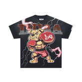 DUAA Cartoon Bulldog Lightning Print Rhinestone Oversized Tee