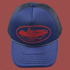 Cortiez Vintage Blue Trucker Hat with Red Cruise Ship Graphic