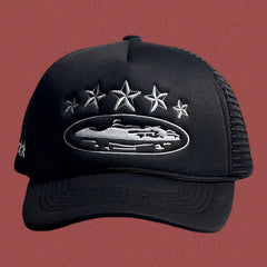 Cortiez Vintage Black Trucker Hat with Silver Stars and Cruise Ship Graphic