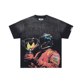 Duaa Vintage Black F1 Racing Trophy Rhinestone Oversized T‑Shirt