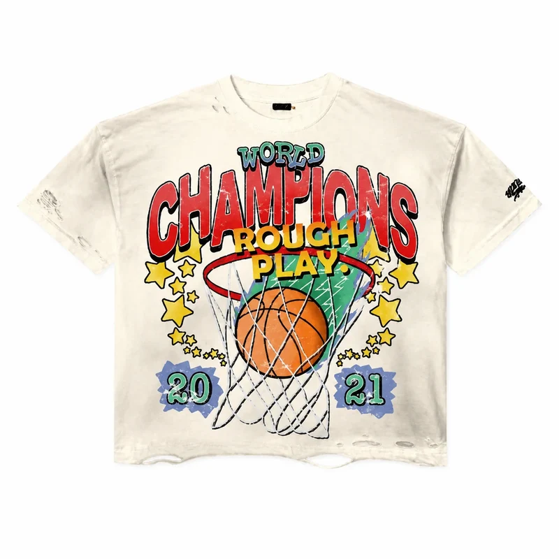 Roughplay Basketball Champions Distressed Ripped Hem Oversized Tee