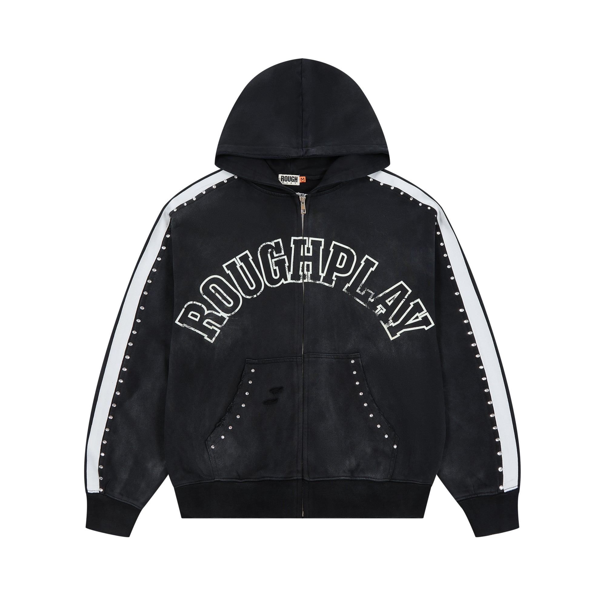 Roughplay Rivet‑Studded Side‑Stripe Oversized Zip‑Up Hoodie