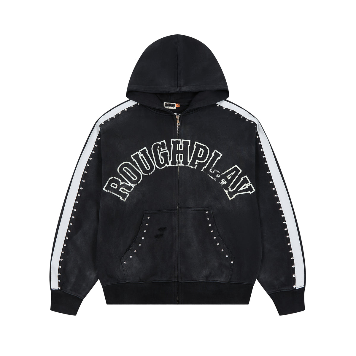 Roughplay Rivet‑Studded Side‑Stripe Oversized Zip‑Up Hoodie