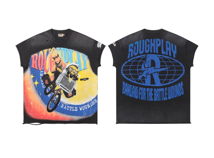 Roughplay Cartoon Bicycle Rhinestone Distressed Oversized Tee
