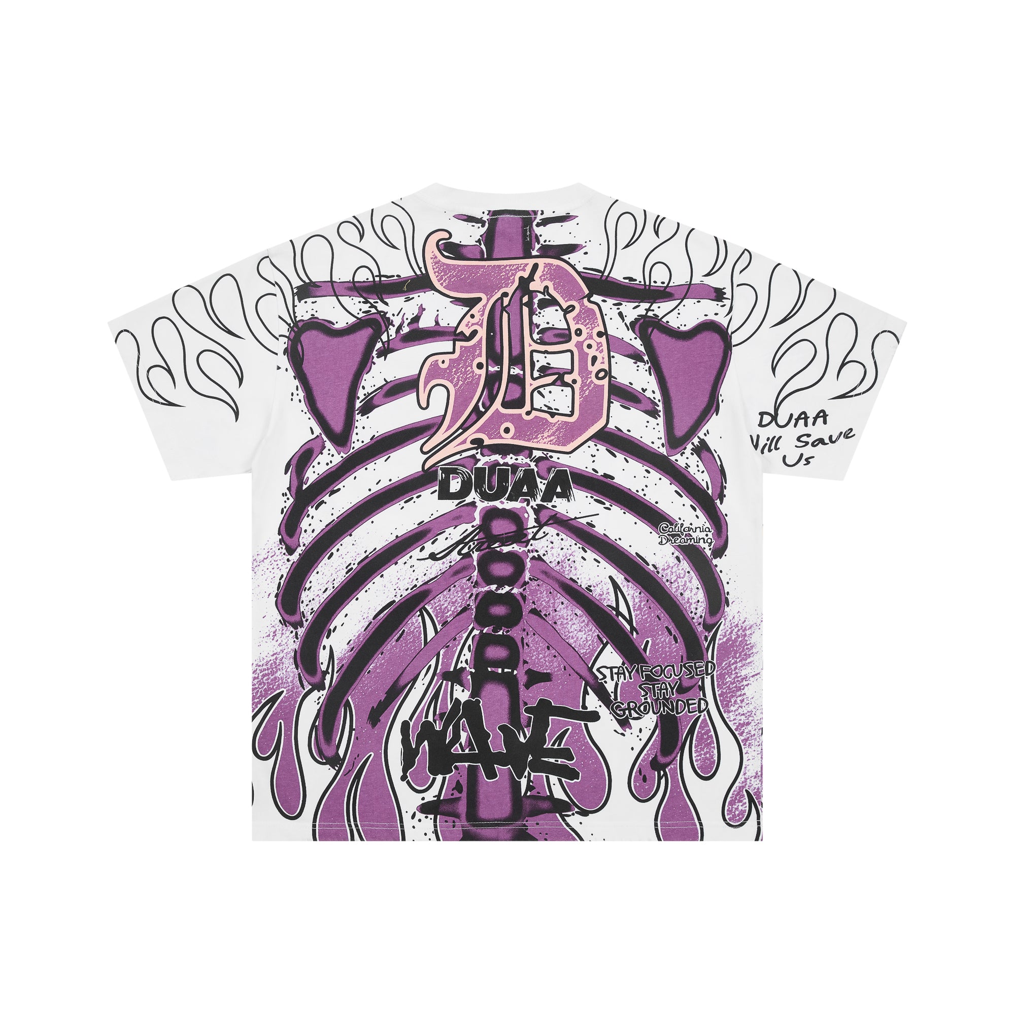 DUAA Skeleton Ribcage Graffiti Flame‑Sleeve Rhinestone Oversized Tee
