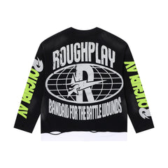 Roughplay Laser Eye Skull Fake Two‑Piece Oversized Long‑Sleeve Tee