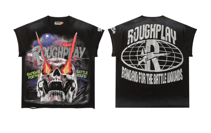 Roughplay Laser Eye Skull Rhinestone Distressed Oversized Tee