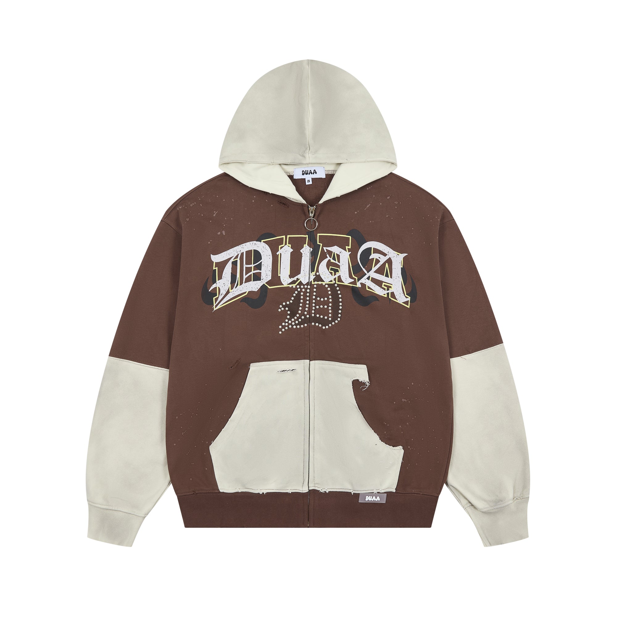 DUAA Splatter‑Paint Distressed Rhinestone Zip‑Up Jacket