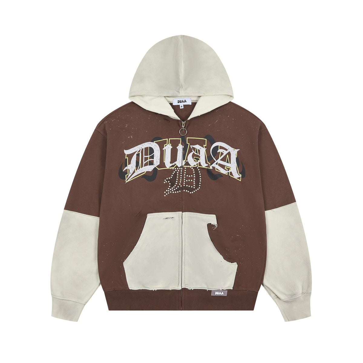 DUAA Splatter‑Paint Distressed Rhinestone Zip‑Up Jacket