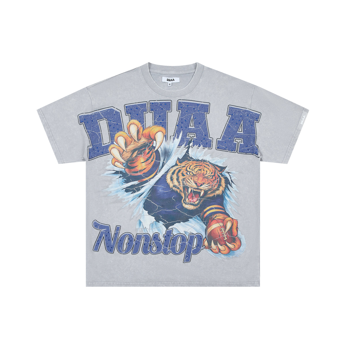 DUAA Nonstop Tiger Breaking Wall Rhinestone Oversized Tee