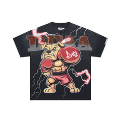 DUAA Cartoon Bulldog Lightning Print Rhinestone Oversized Tee