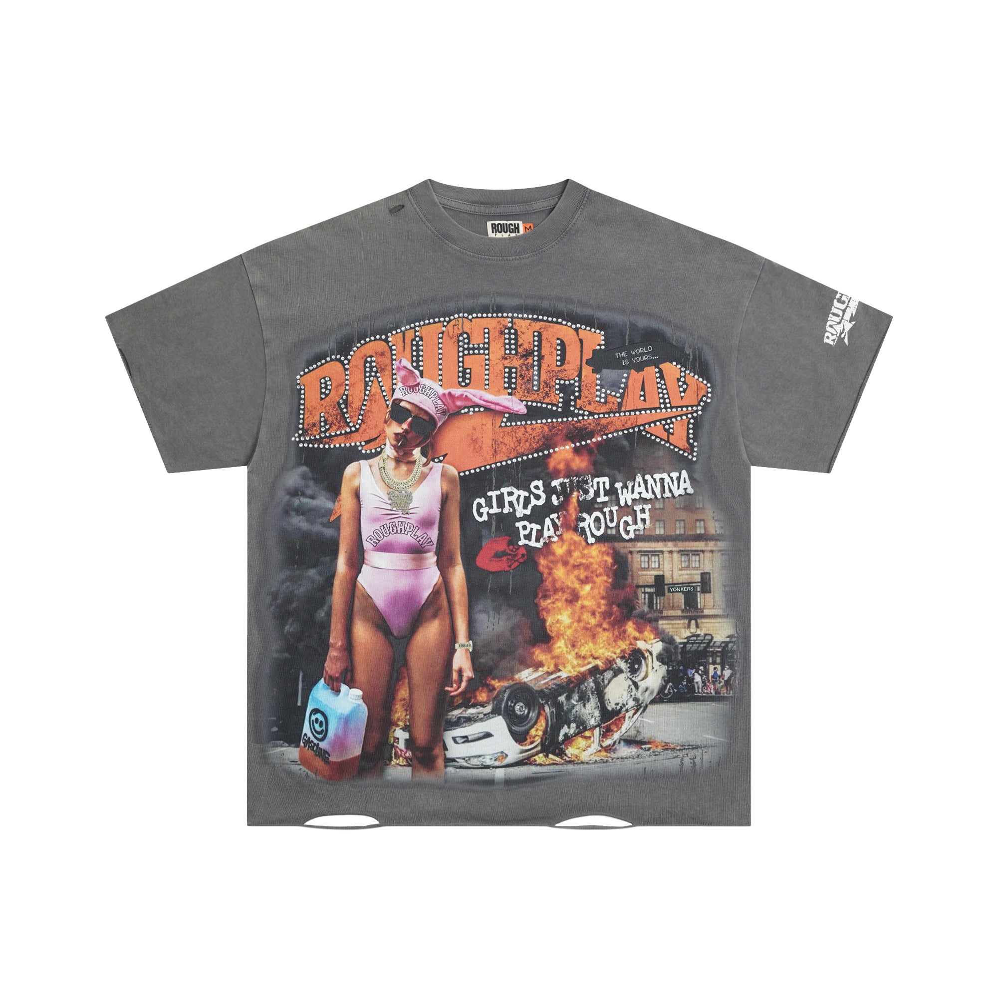 Roughplay Street Girl Fire Car Rhinestone Oversized Tee