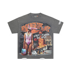 Roughplay Street Girl Fire Car Rhinestone Oversized Tee