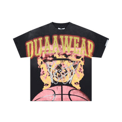 DUAA Ripped‑Sleeve Burning Basketball Rhinestone Oversized Tee