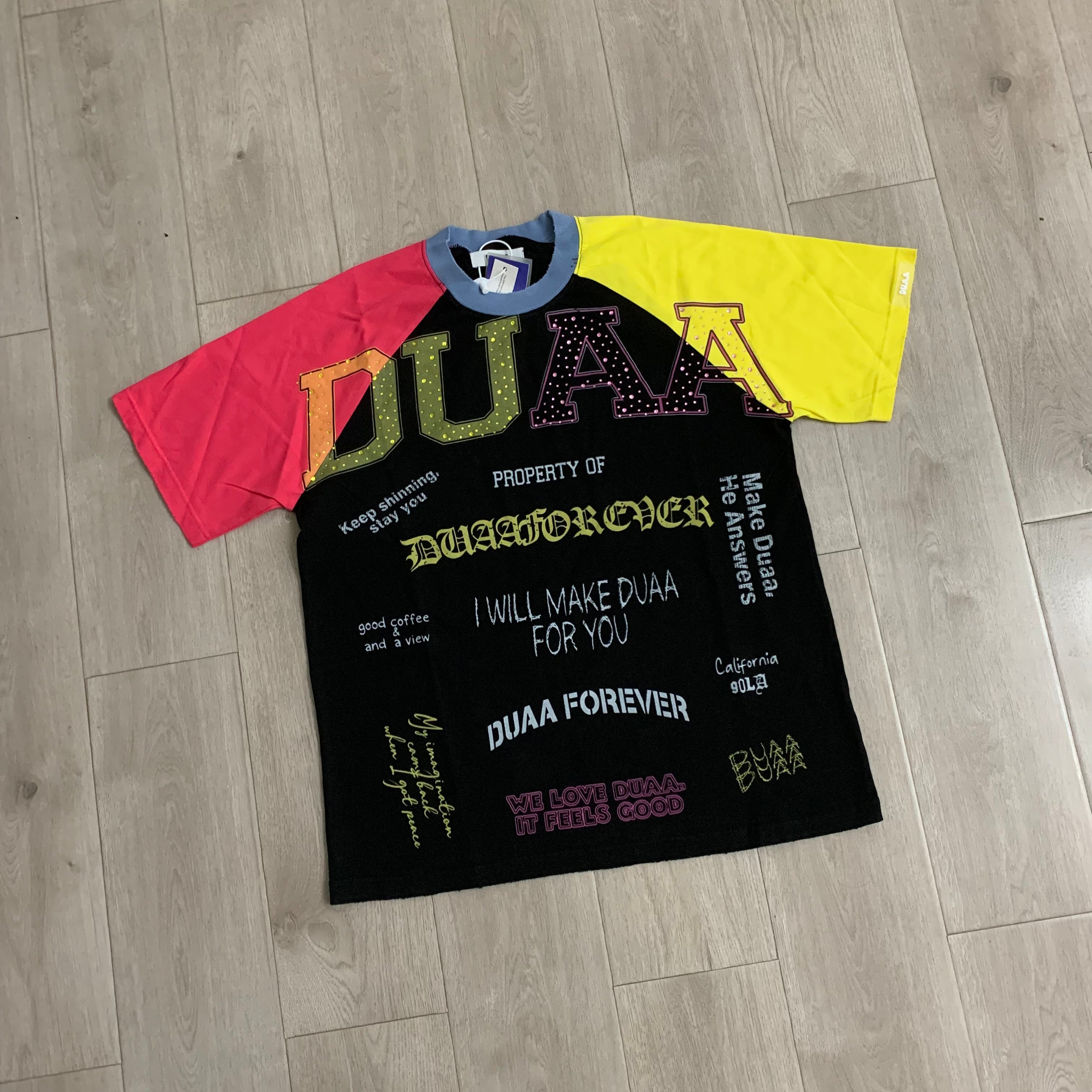 DUAA Color‑Block Raglan Rhinestone Slogan Oversized T‑Shirt