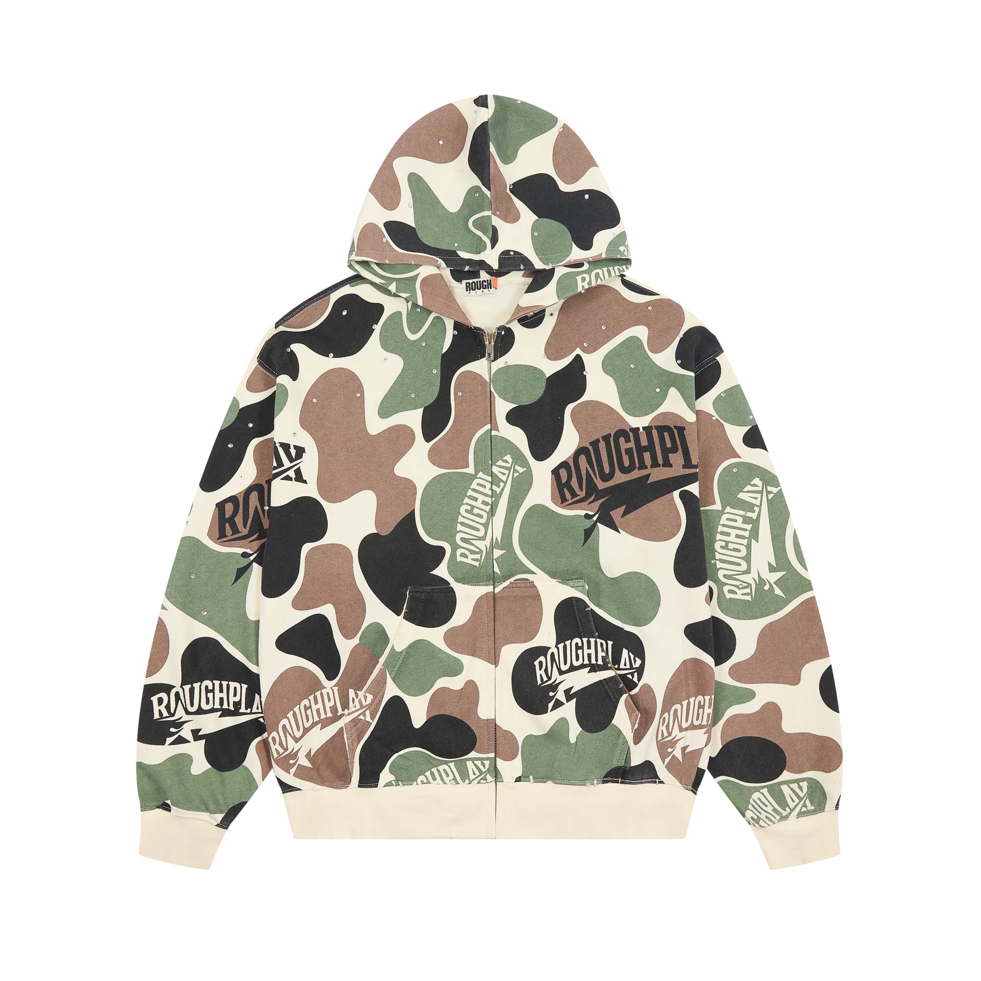 Roughplay Camo Rhinestone Full‑Zip Oversized Hoodie