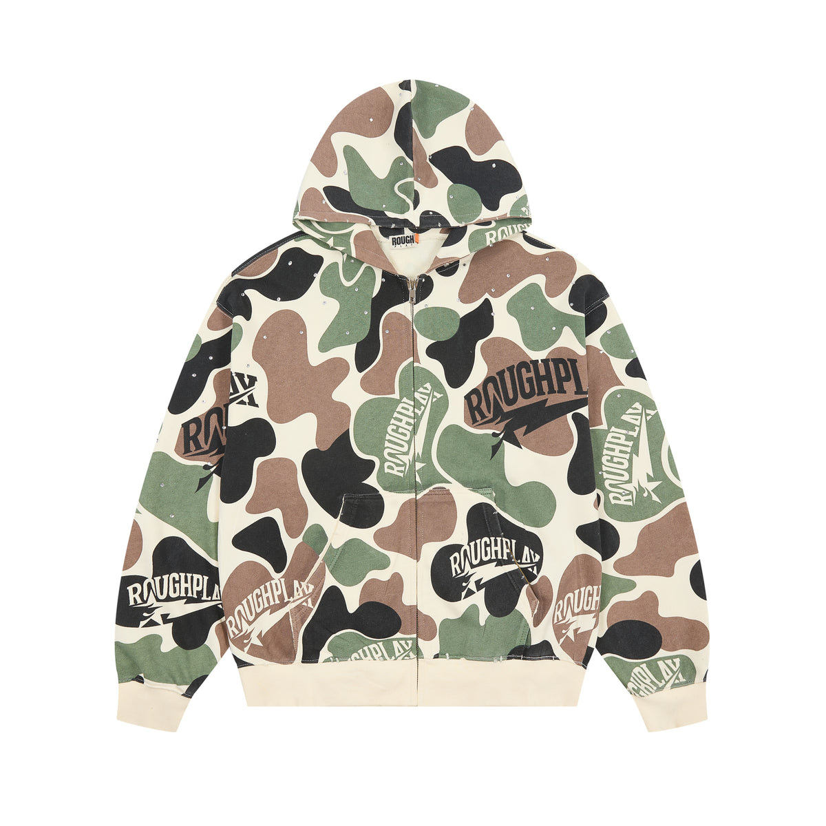 Roughplay Camo Rhinestone Full‑Zip Oversized Hoodie