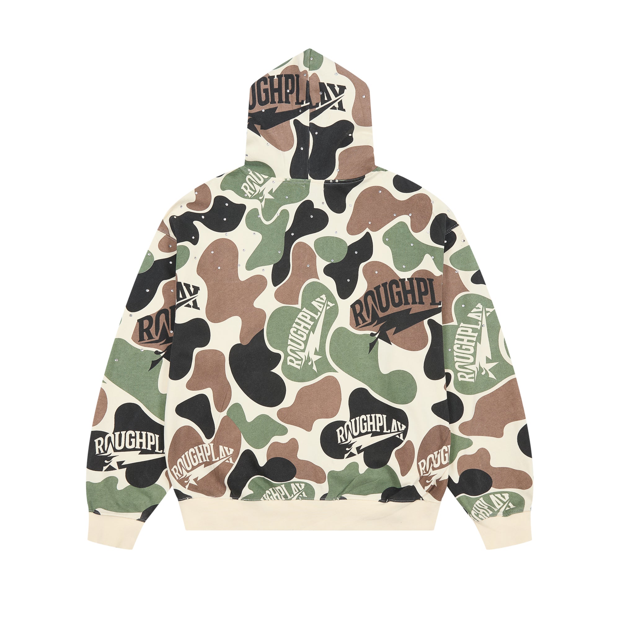 Roughplay Camo Rhinestone Full‑Zip Oversized Hoodie