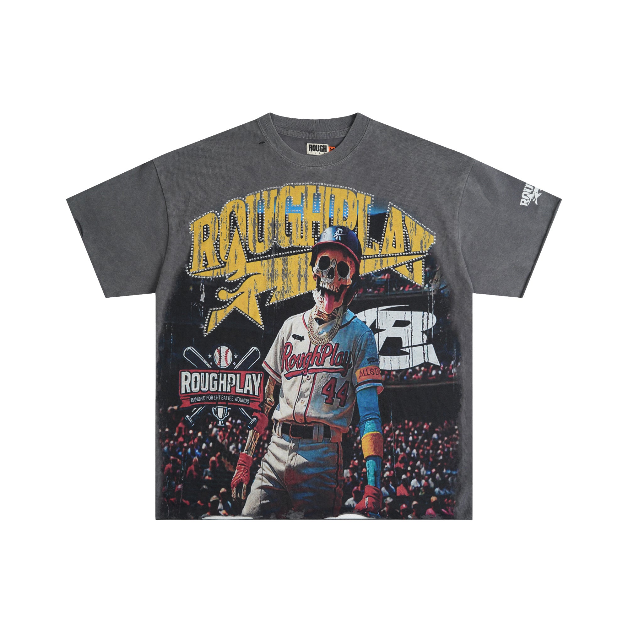 Roughplay Skull Baseball Player Rhinestone Oversized Tee