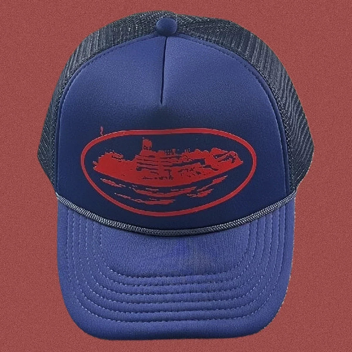 Cortiez Vintage Blue Trucker Hat with Red Cruise Ship Graphic