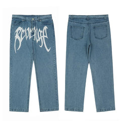 Revenge Vintage Blue Wash Gothic Logo Denim Jeans