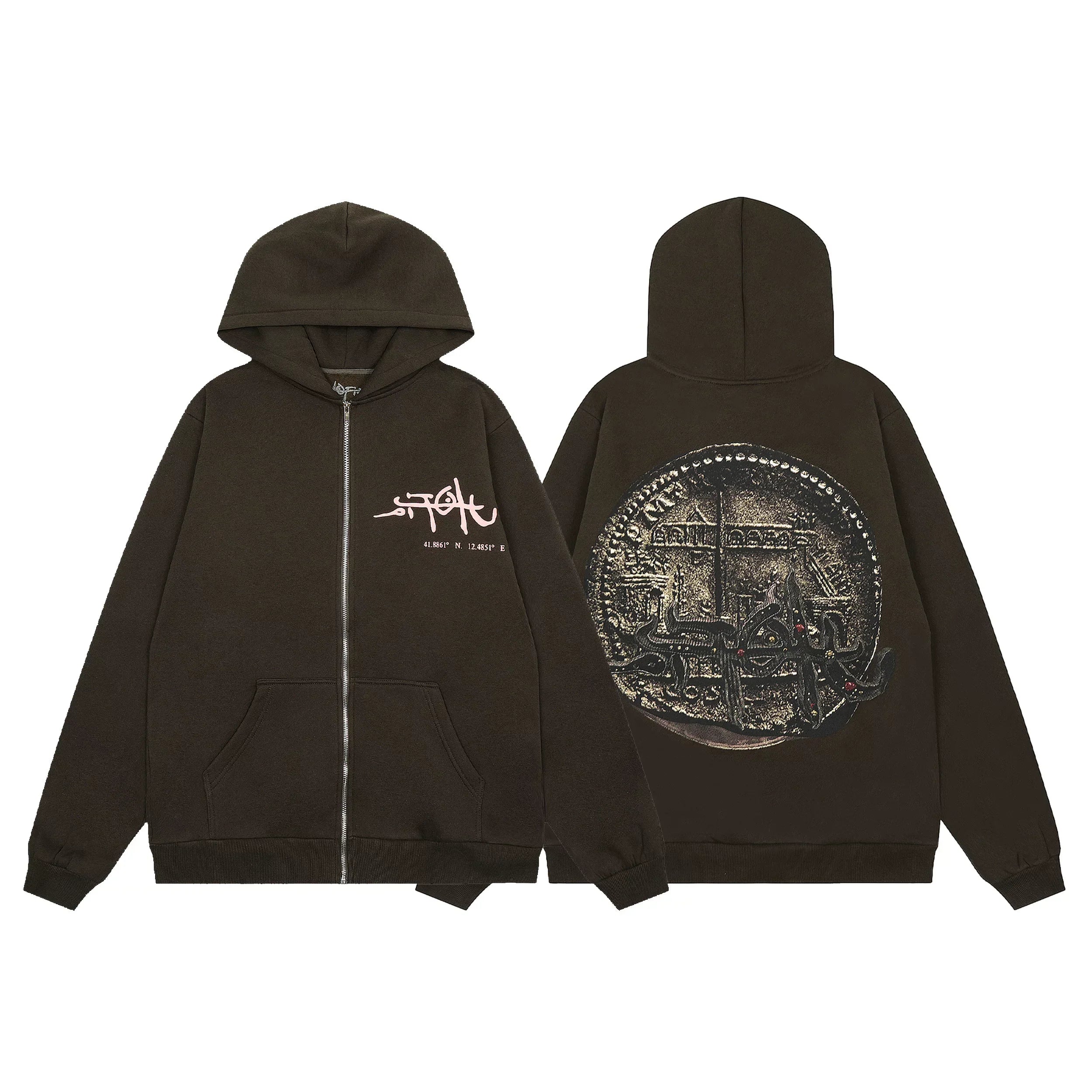 Streetwear Vintage Coin Graphic Full-Zip Hoodie - Coffee Brown