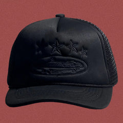 Cortiez All-Black Vintage Trucker Hat with Tonal Stars and Cruise Ship Graphic