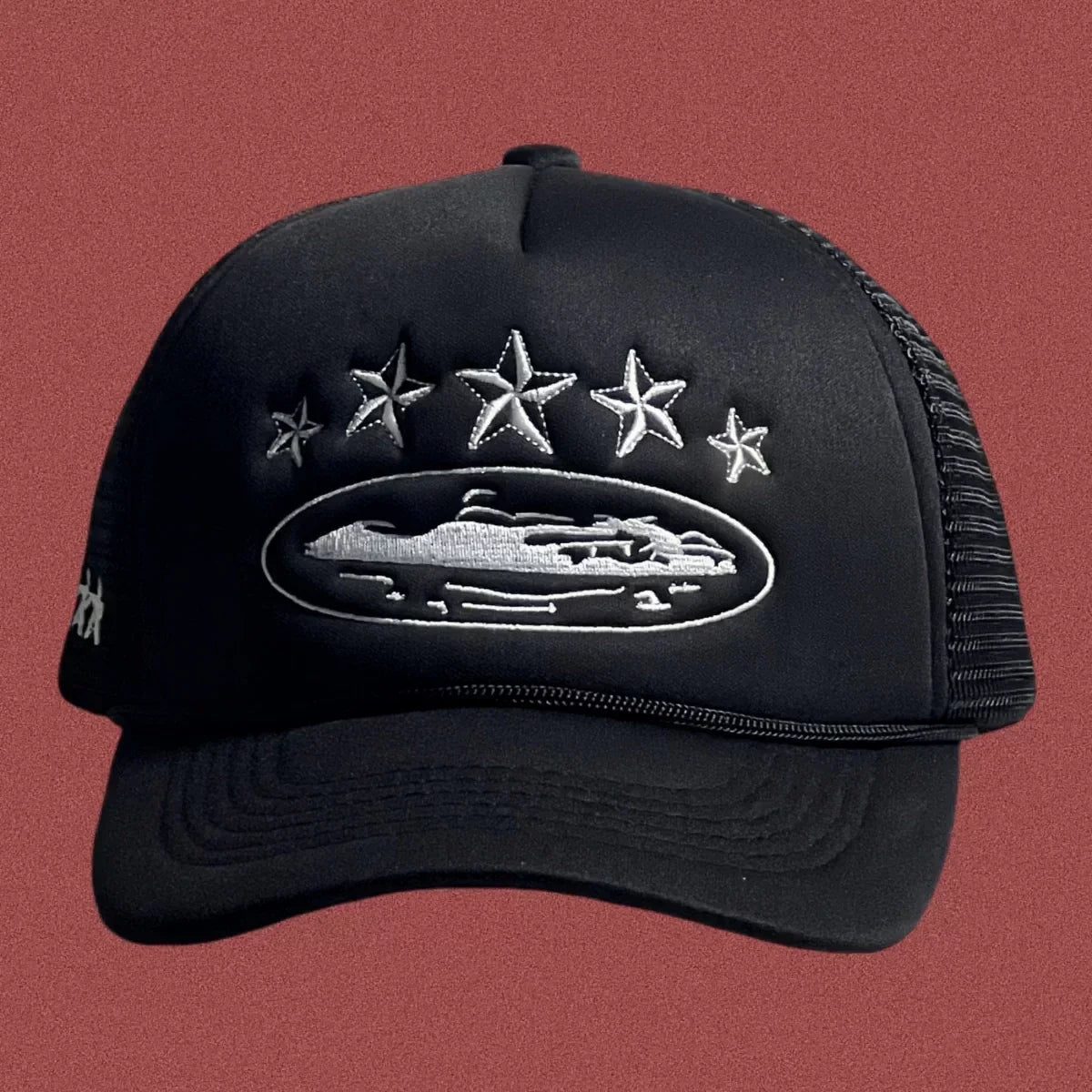 Cortiez Vintage Black Trucker Hat with Silver Stars and Cruise Ship Graphic