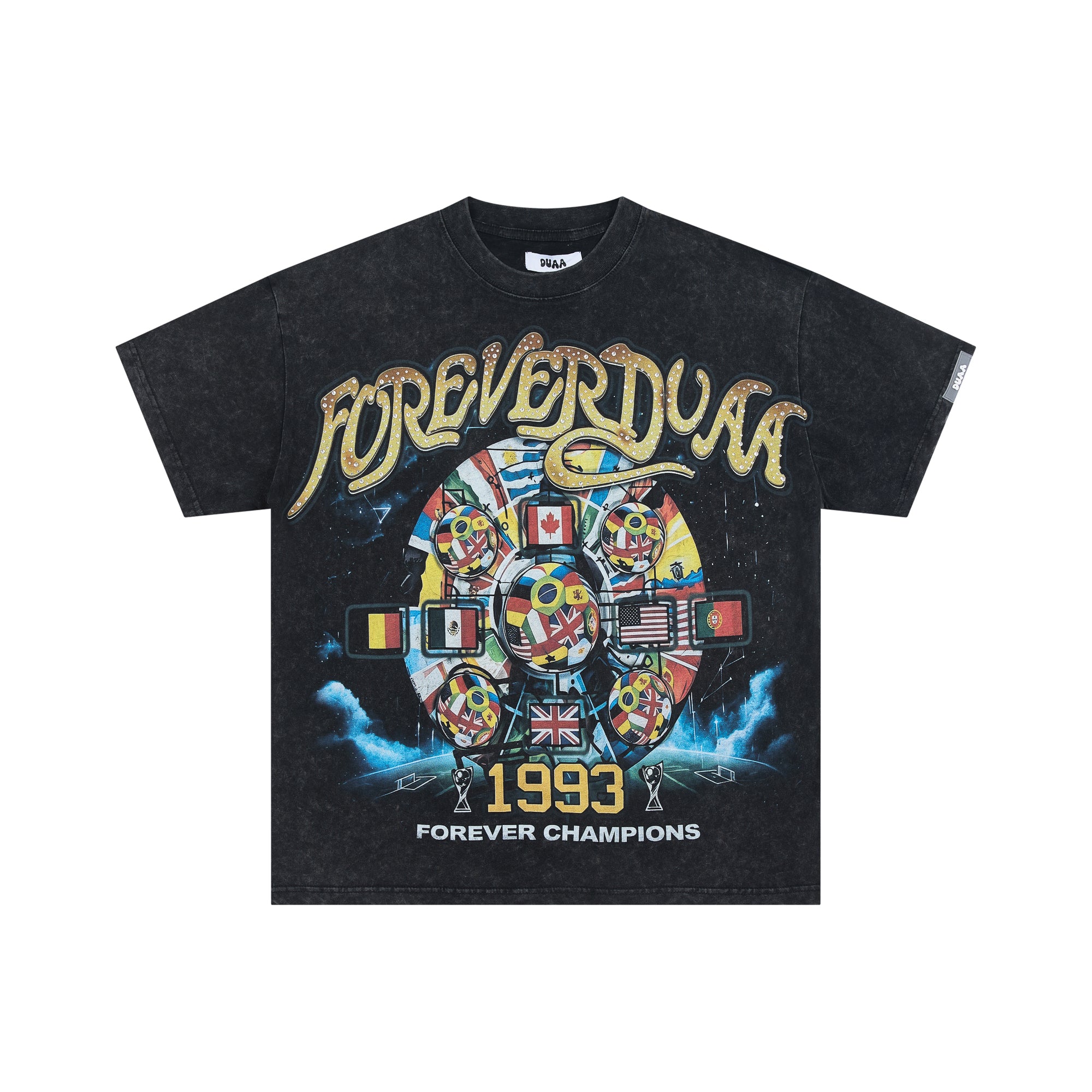 Duaa Black Ferris‑Wheel World‑Flag Rhinestone Oversized Tee