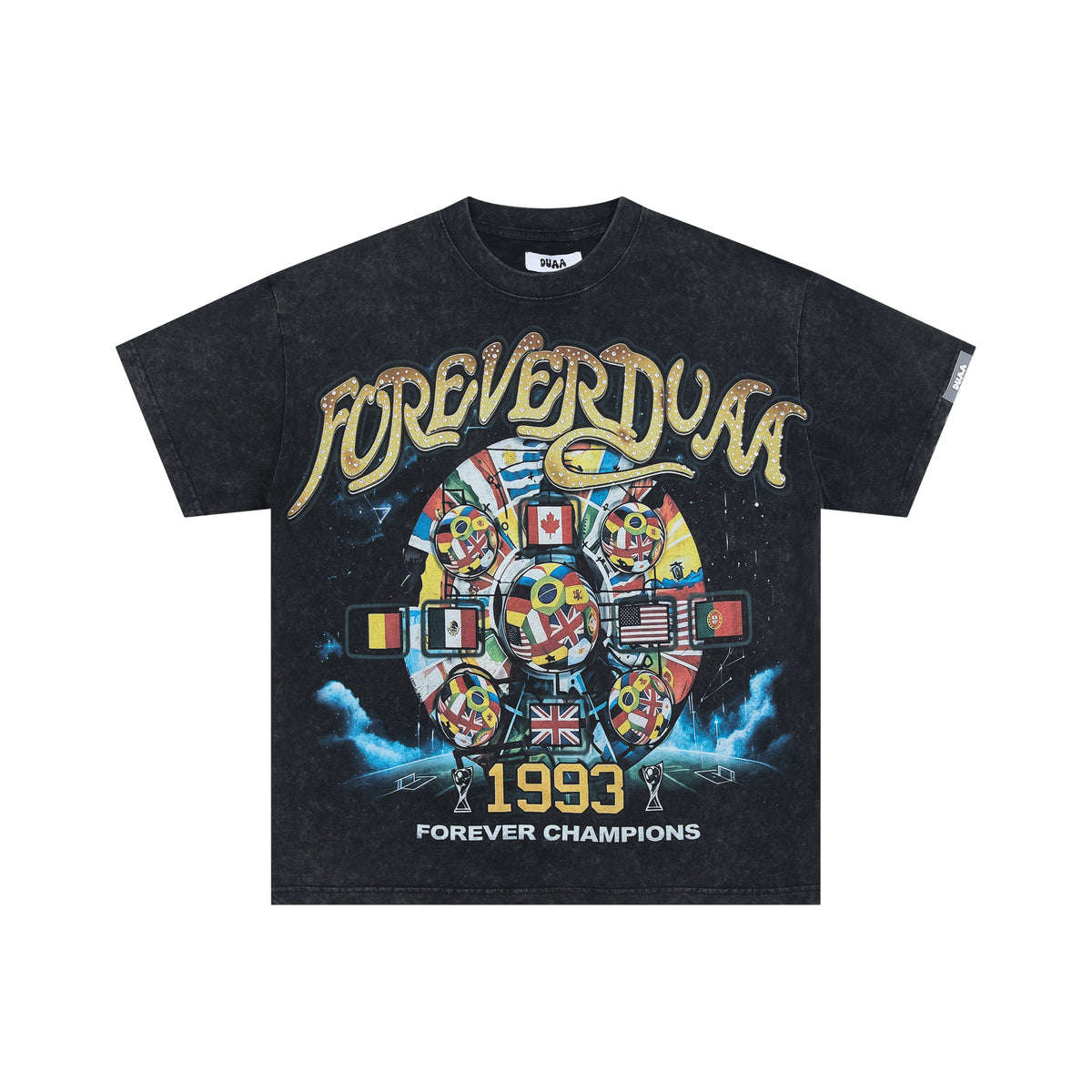 Duaa Black Ferris‑Wheel World‑Flag Rhinestone Oversized Tee