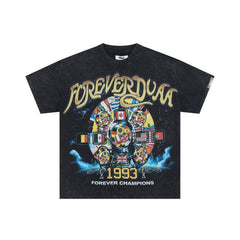 Duaa Black Ferris‑Wheel World‑Flag Rhinestone Oversized Tee