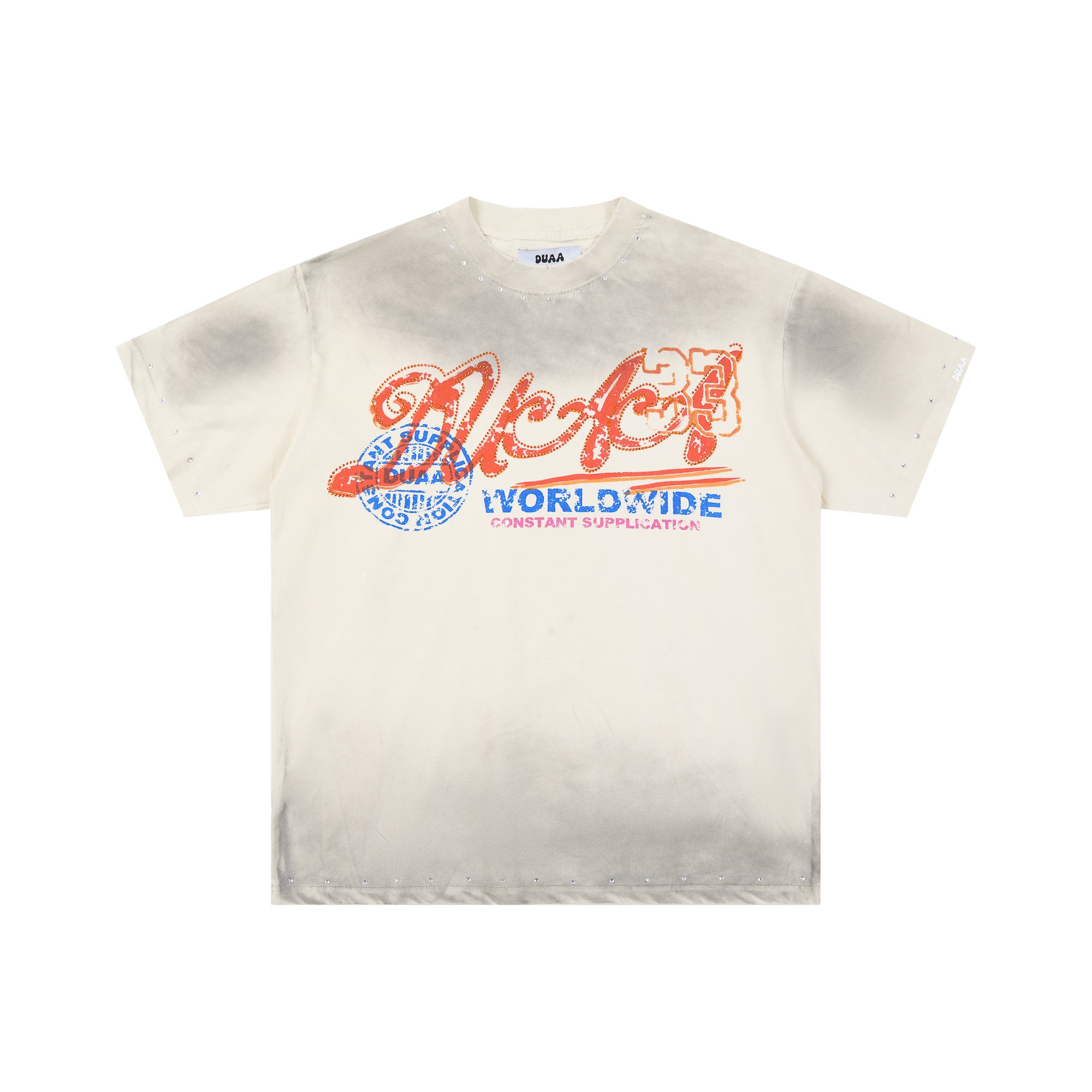 Duaa Cream Vintage‑Wash Eagle 1993 Rhinestone Oversized Tee