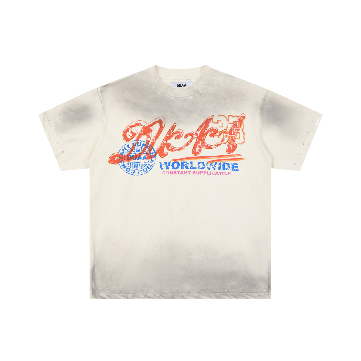 Duaa Cream Vintage‑Wash Eagle 1993 Rhinestone Oversized Tee